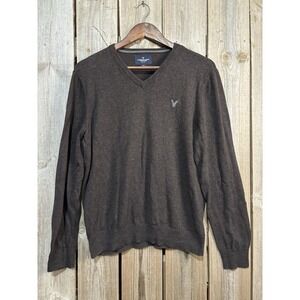 American Eagle Mens Medium Brown V Neck Sweater 100% Cotton Pullover M